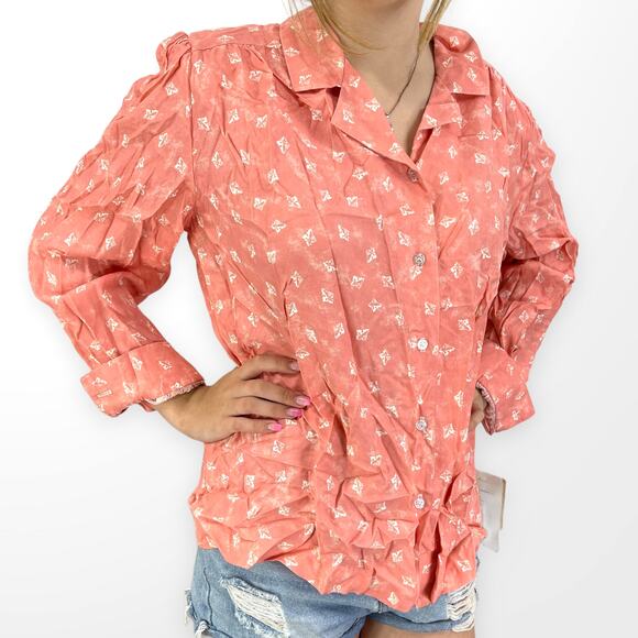 90s BROWNSTONE STUDIO Vintage Pink White Collared Long Sleeve Blouse - Picture 1 of 12